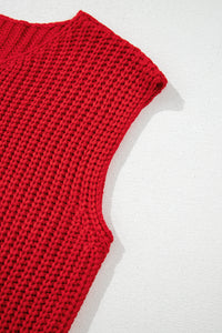 Thumbnail for Fiery Red Solid Textured Knit Side Pockets Buttoned Sweater Vest