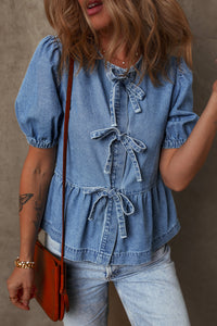 Thumbnail for Dusk Blue Tied Front Bubble Sleeve Peplum Denim Shirt