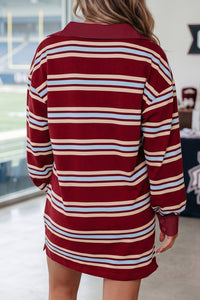 Thumbnail for Red Stripe Retro Polo Collar Long Sleeve T Shirt Shift Mini Dress