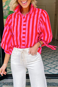 Thumbnail for Red Stripe Tie Puff Sleeve Womens Button Down Shirt