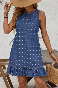 Thumbnail for Blue Polka Dot Ruffle Hem Sleeveless Denim Mini Dress