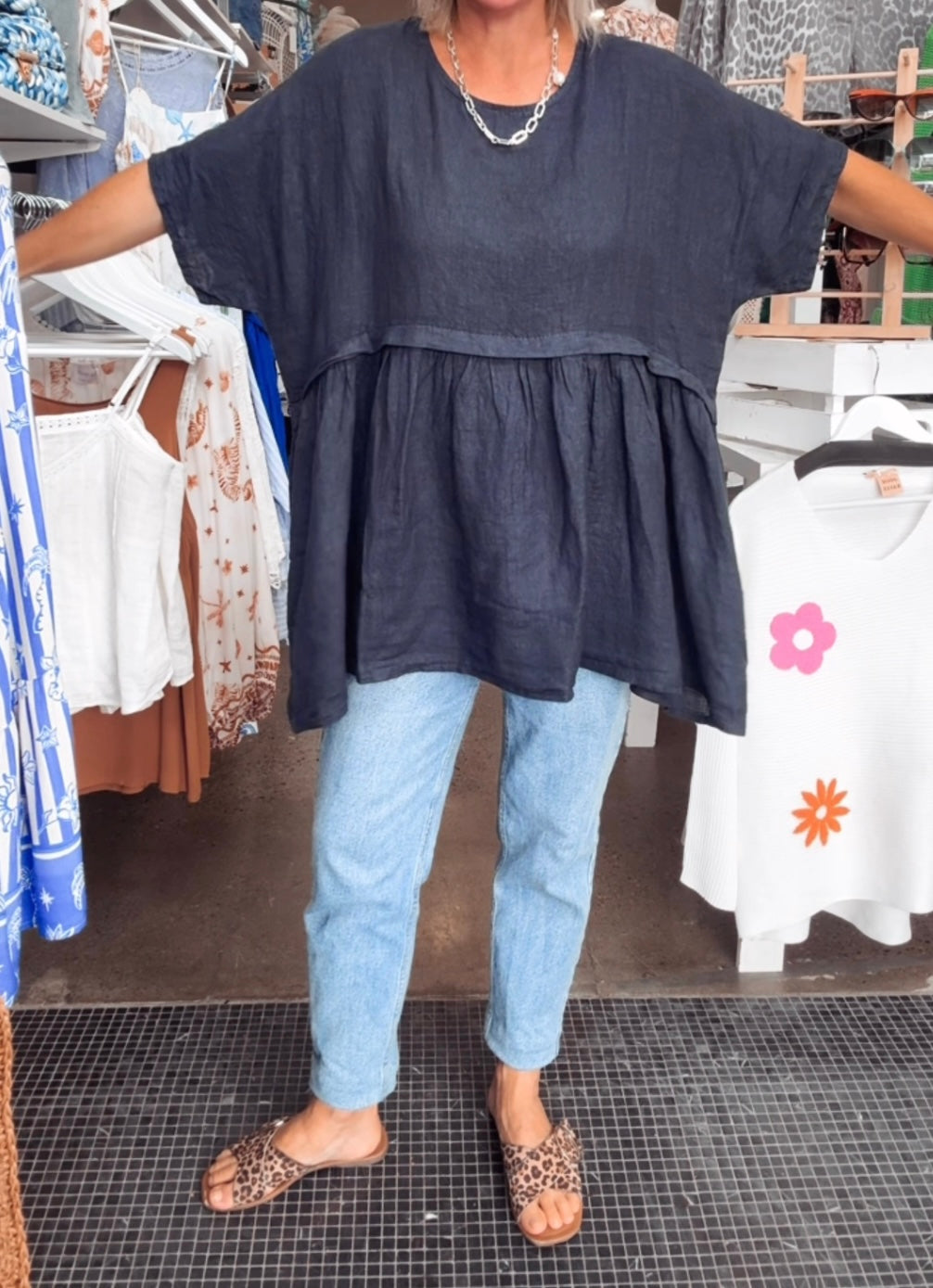 Geneva Linen Top - Navy
