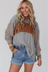 Thumbnail for Gray Colorblock Striped Bishop Sleeve Top