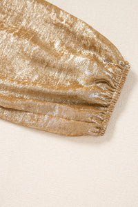 Thumbnail for Gold Bow Tie Front Puff 3/4 Sleeve Ruffle Hem Blouse