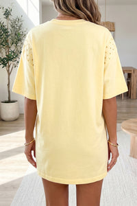 Thumbnail for Yellow Cream Eyelet Embroidered Lace Splicing Sleeve Loose T Shirt Dress
