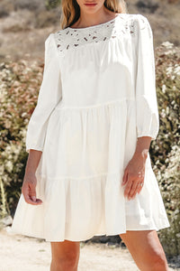 Thumbnail for White Floral Lace Patchwork Bracelet Sleeve Tiered Mini Dress