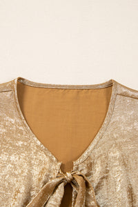 Thumbnail for Gold Bow Tie Front Puff 3/4 Sleeve Ruffle Hem Blouse