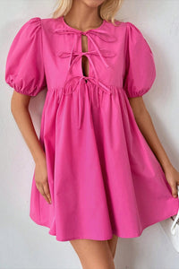 Thumbnail for Bright Pink Solid Color Puff Sleeve Tie Front High Waist Mini Dress