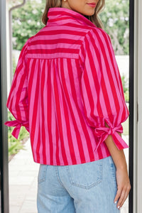 Thumbnail for Red Stripe Tie Puff Sleeve Womens Button Down Shirt