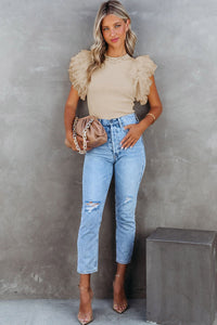 Thumbnail for Apricot Dotty Mesh Ruffle Sleeve Ribbed Knit Top