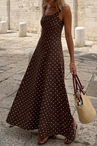 Thumbnail for Brown Polka Dot Print Square Neck Sleeveless Vacation Long Dress