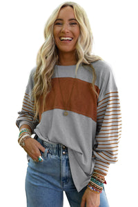 Thumbnail for Gray Colorblock Striped Bishop Sleeve Top