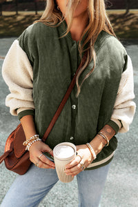Thumbnail for Mist Green Corduroy Fleece Patchwork Buttoned Bomber Jacket