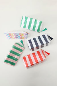 Thumbnail for Dark Green Striped Vinyl Waterproof Tassel Zipper Makeup Bag
