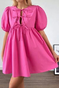 Thumbnail for Bright Pink Solid Color Puff Sleeve Tie Front High Waist Mini Dress