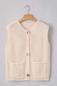 Thumbnail for White Solid Textured Knit Side Pockets Buttoned Sweater Vest