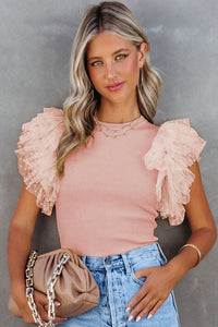 Thumbnail for Pink Dotty Mesh Ruffle Sleeve Ribbed Knit Top