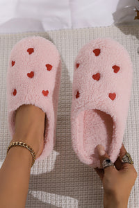 Thumbnail for Pink Heart Shape Embroidered Slip On Plush Slippers