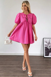 Thumbnail for Bright Pink Solid Color Puff Sleeve Tie Front High Waist Mini Dress