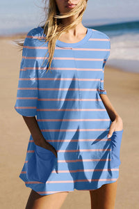 Thumbnail for Sky Blue Stripe V Neck Short Sleeve Double Wear Loose Romper