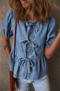 Thumbnail for Dusk Blue Tied Front Bubble Sleeve Peplum Denim Shirt