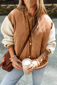 Thumbnail for Buckskin Corduroy Fleece Patchwork Buttoned Bomber Jacket