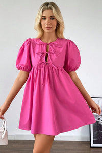 Thumbnail for Bright Pink Solid Color Puff Sleeve Tie Front High Waist Mini Dress