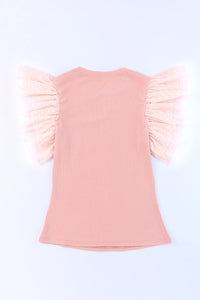 Thumbnail for Pink Dotty Mesh Ruffle Sleeve Ribbed Knit Top