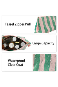 Thumbnail for Dark Green Striped Vinyl Waterproof Tassel Zipper Makeup Bag