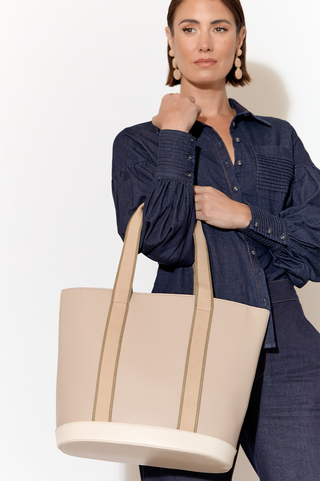 Della Webbing Tote Bag - Mocha Cream