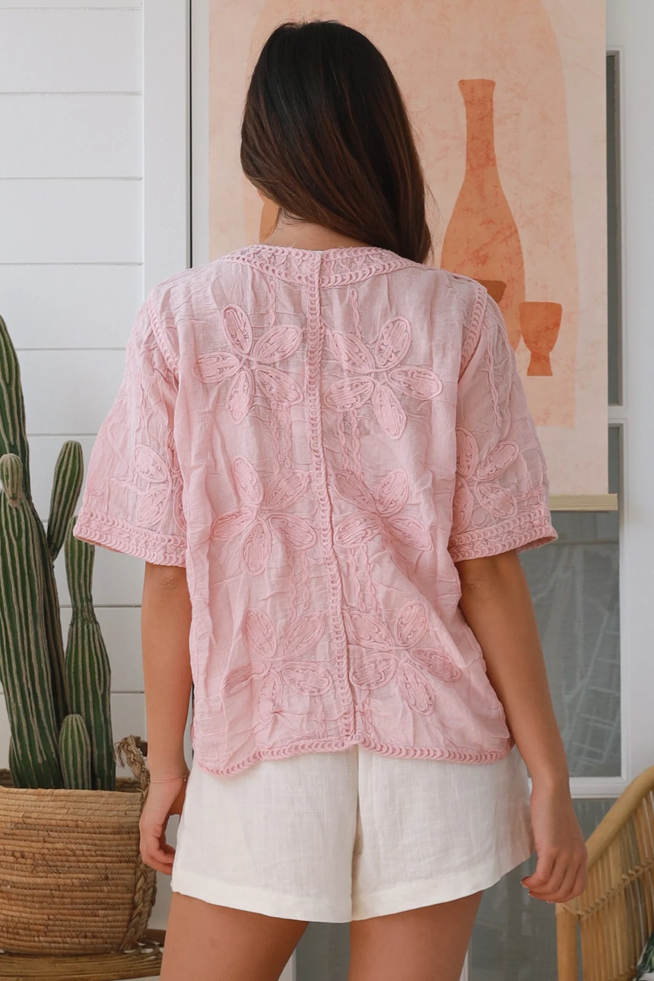 Lyndal Button Up Top -Pink Embroidery