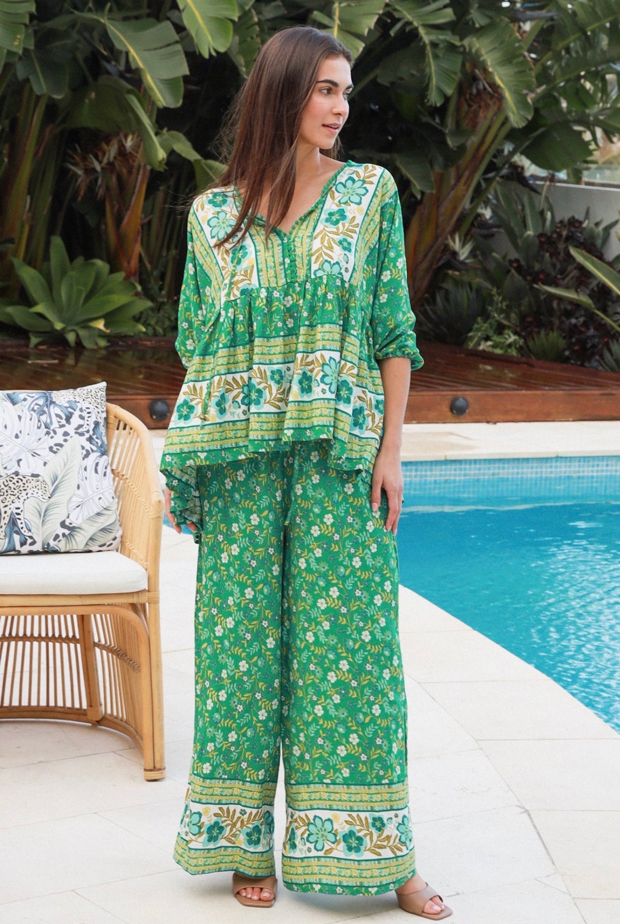 Eadie Wide Leg Pants - Green Boho