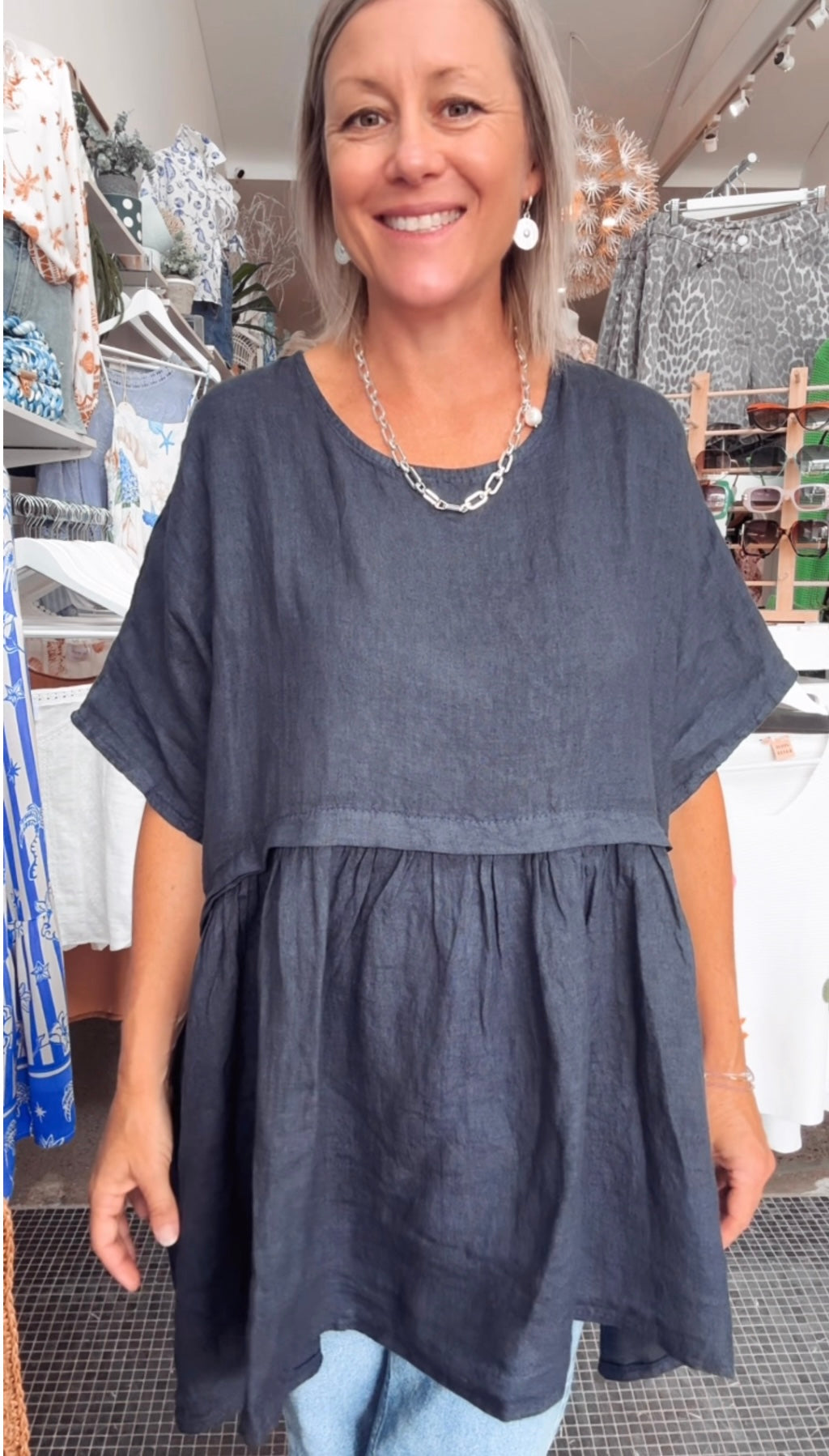 Geneva Linen Top - Navy