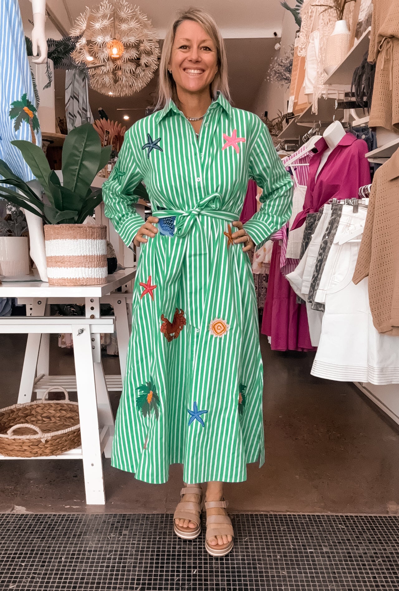 Maldives Shirt Dress - Green Stripe