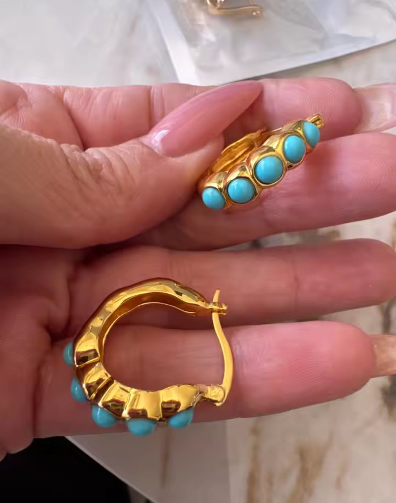 Hammered Gold Turquoise Stone Earrings