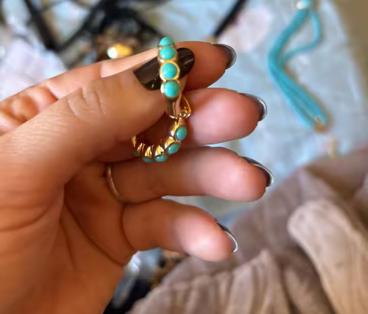 Hammered Gold Turquoise Stone Earrings