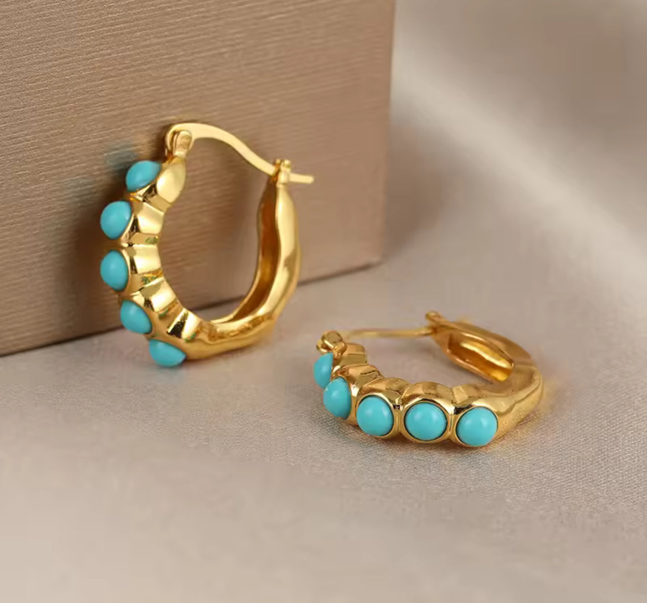 Hammered Gold Turquoise Stone Earrings