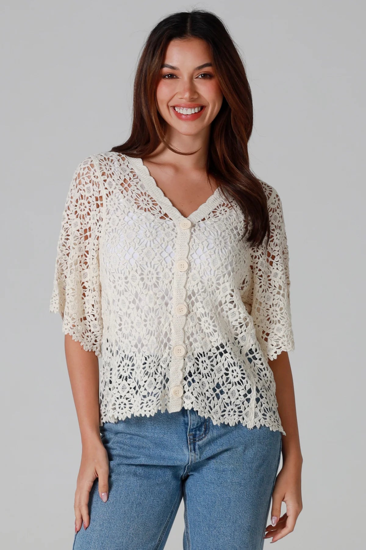 Henley Crochet Cardi - Natural