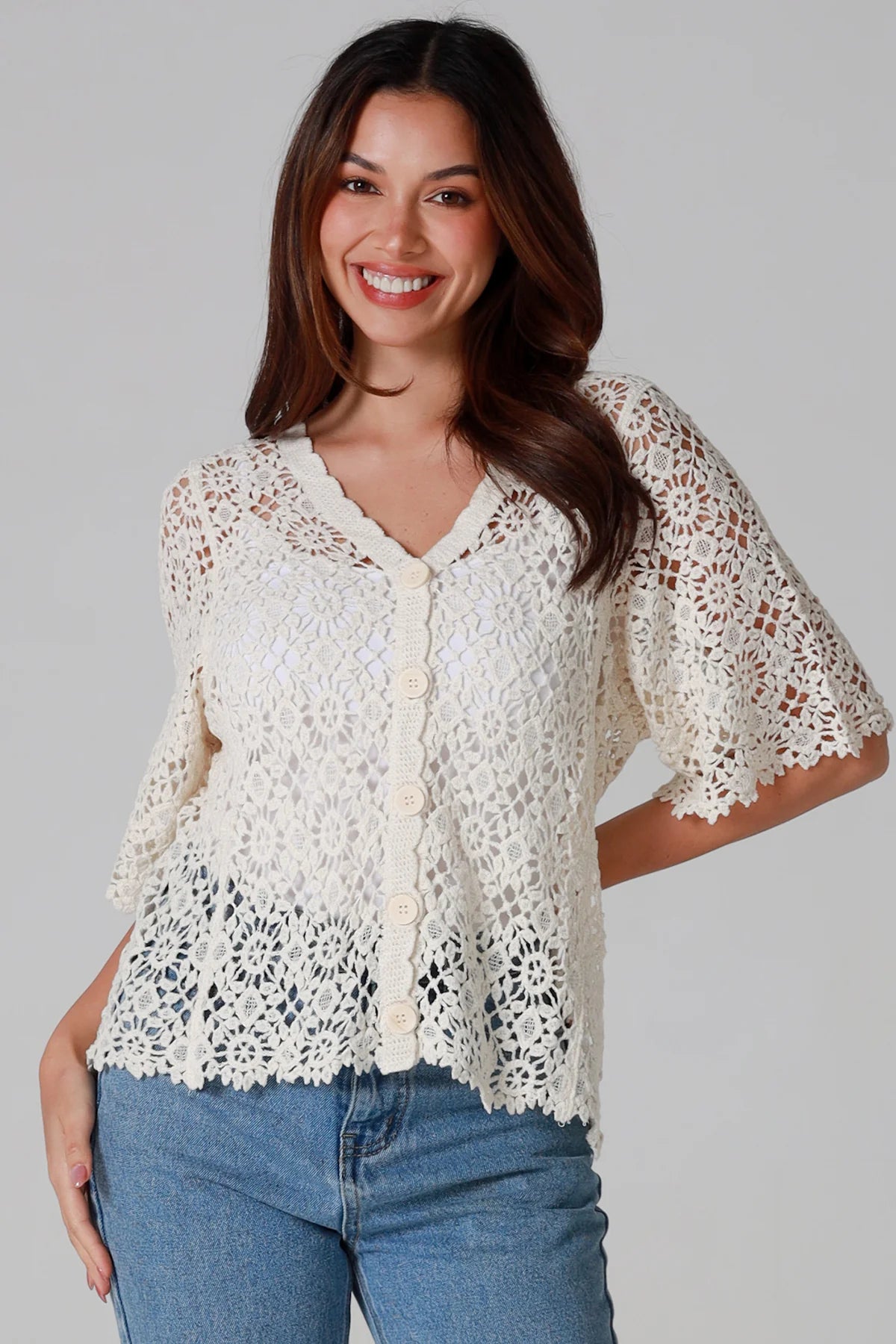 Henley Crochet Cardi - Natural