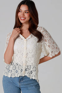 Thumbnail for Henley Crochet Cardi - Natural