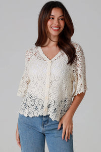 Thumbnail for Henley Crochet Cardi - Natural