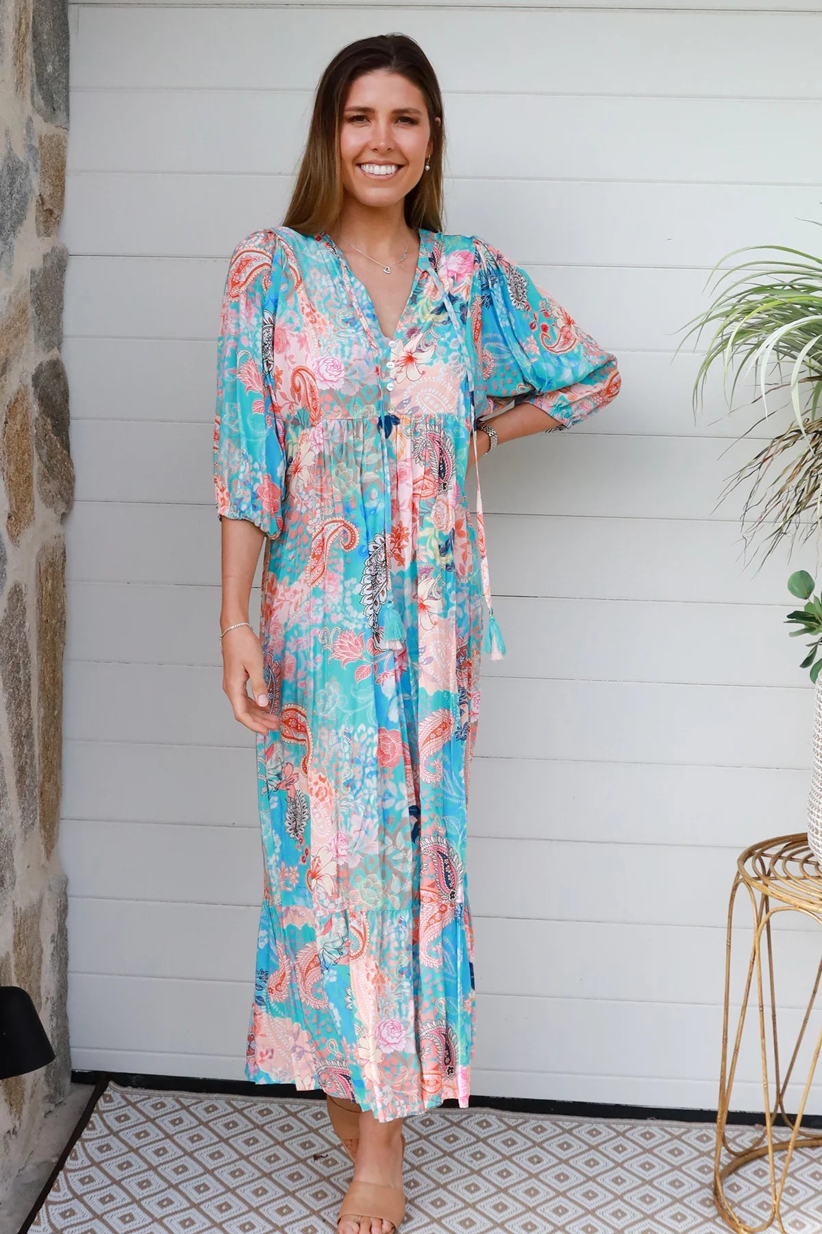 Andrea Midi Dress - Blue Peach Paisley