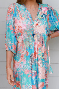 Thumbnail for Andrea Midi Dress - Blue Peach Paisley