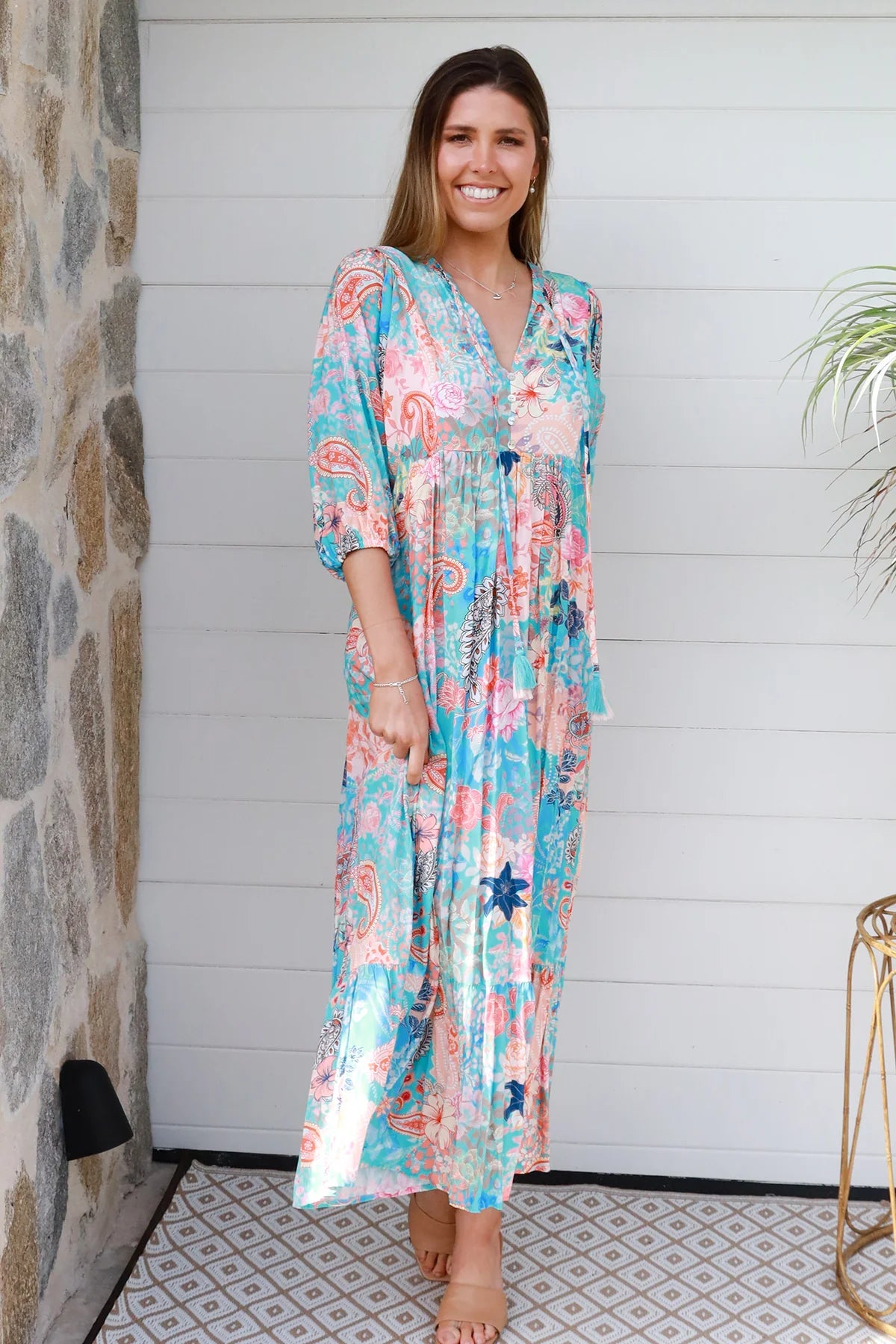 Andrea Midi Dress - Blue Peach Paisley