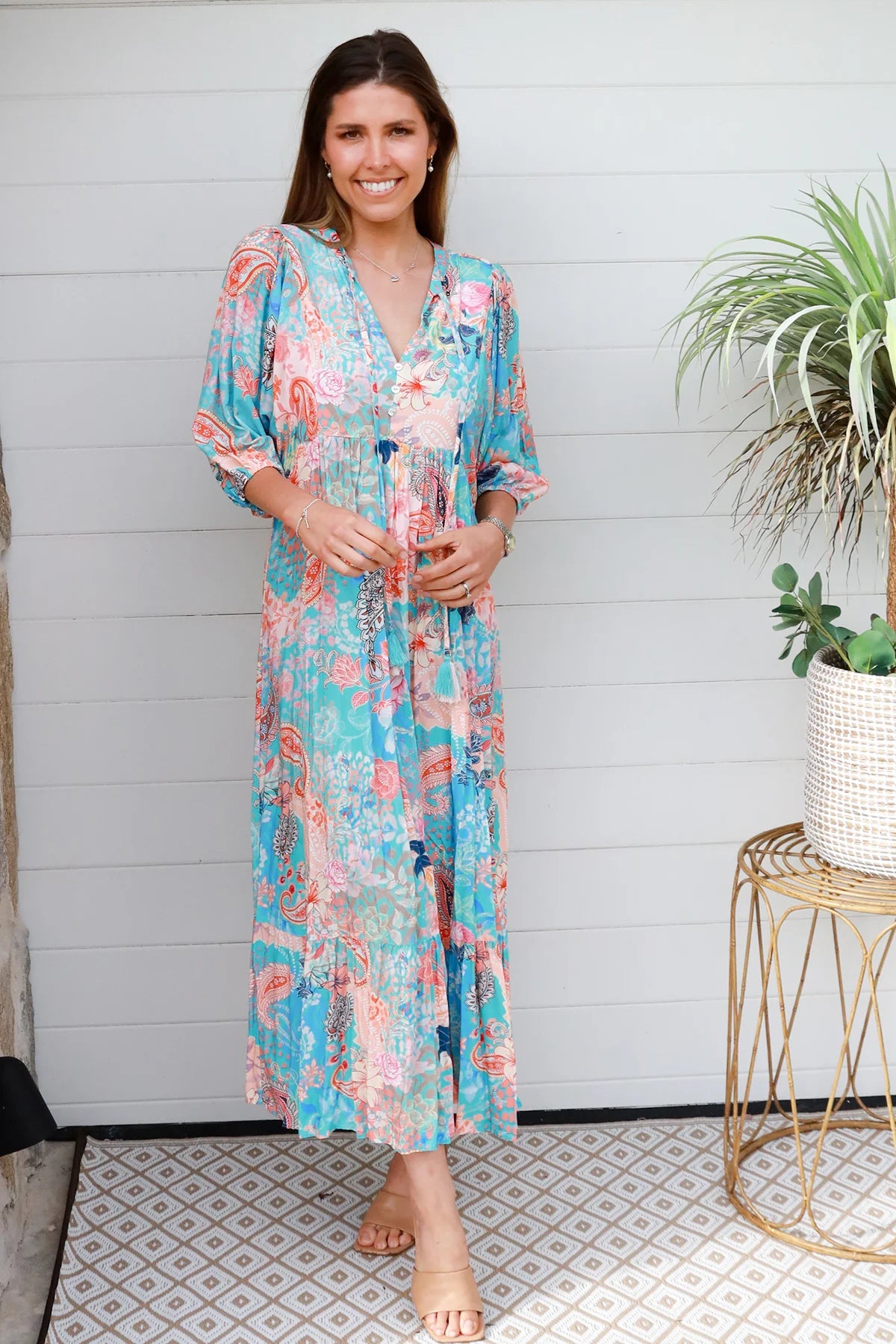 Andrea Midi Dress - Blue Peach Paisley