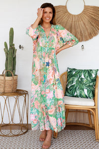 Thumbnail for Andrea Midi Dress - Green Peach Paisley