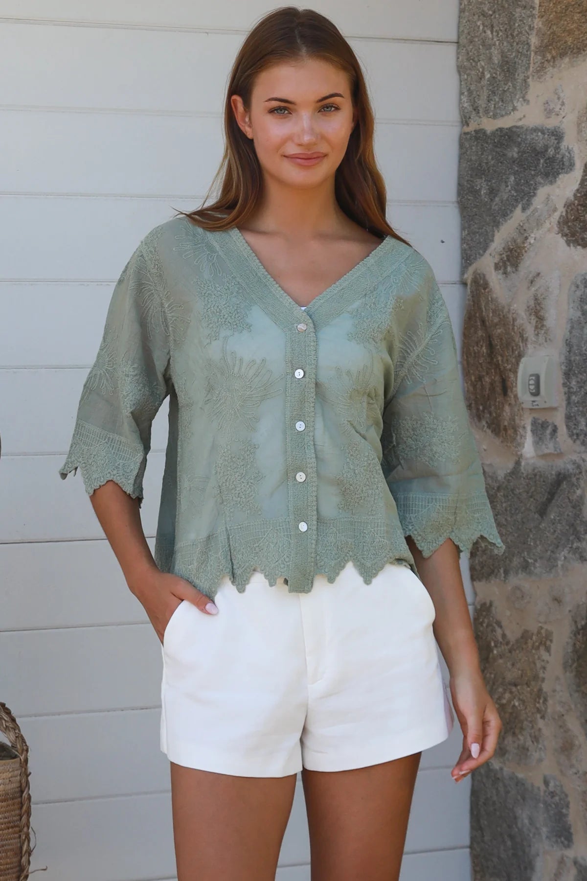 Leesey Button Up Top - Sage