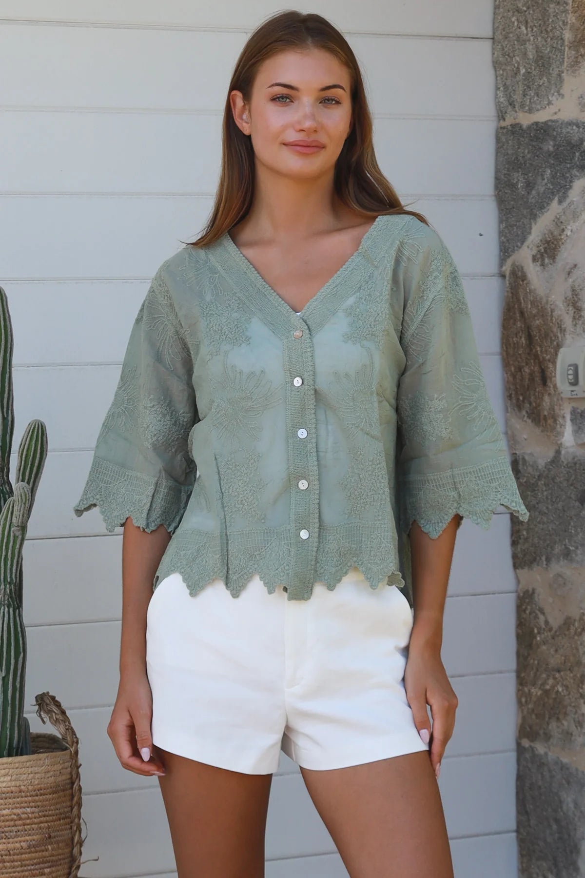 Leesey Button Up Top - Sage