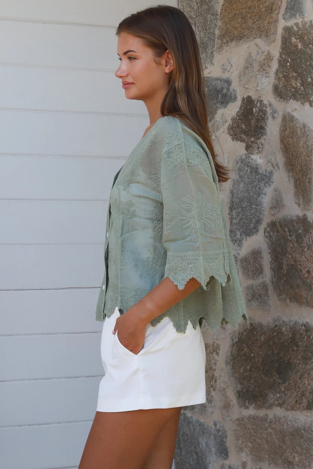 Leesey Button Up Top - Sage