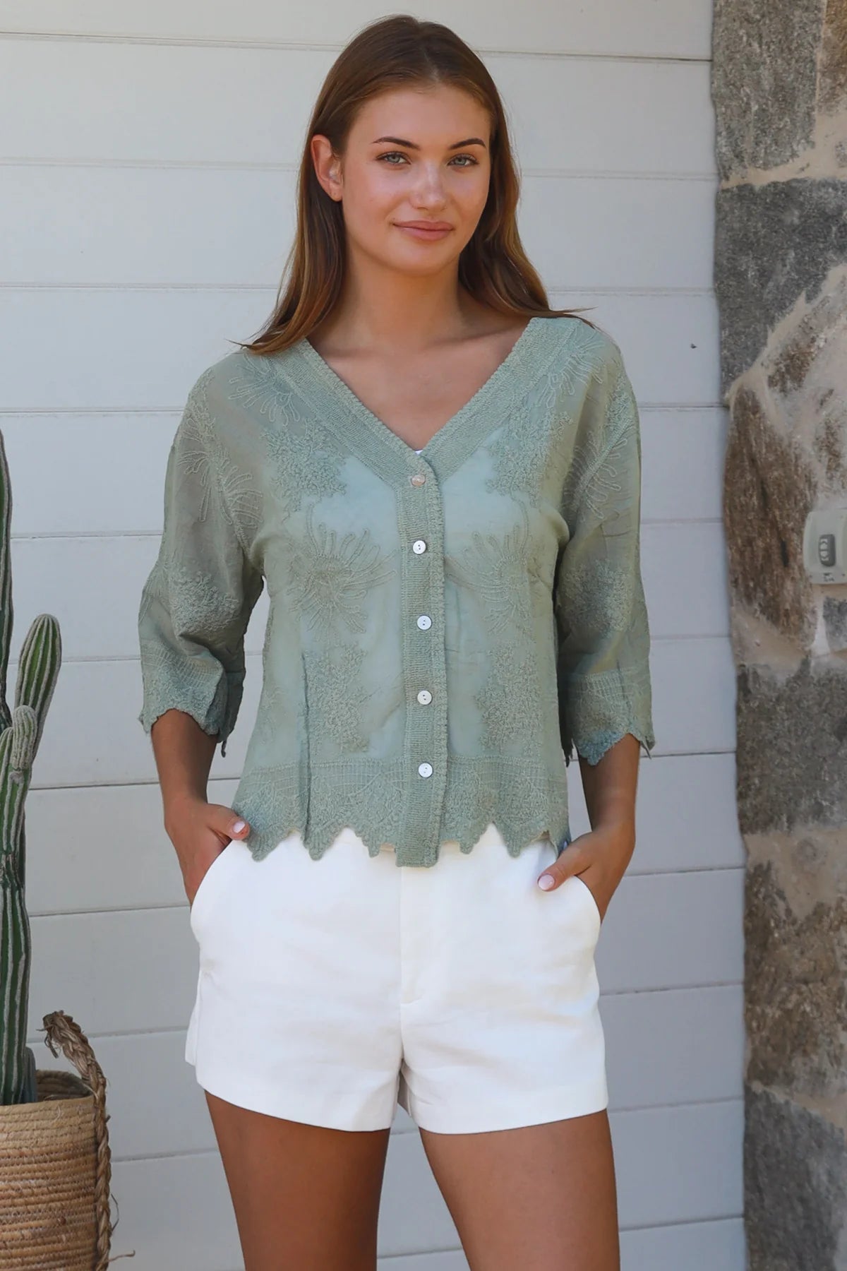 Leesey Button Up Top - Sage